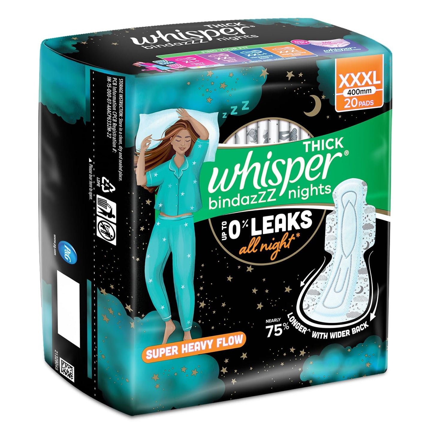 Whisper bindazzz Nights Pads For Women, XXX-Large Pack of 20 pads Scent: unscented