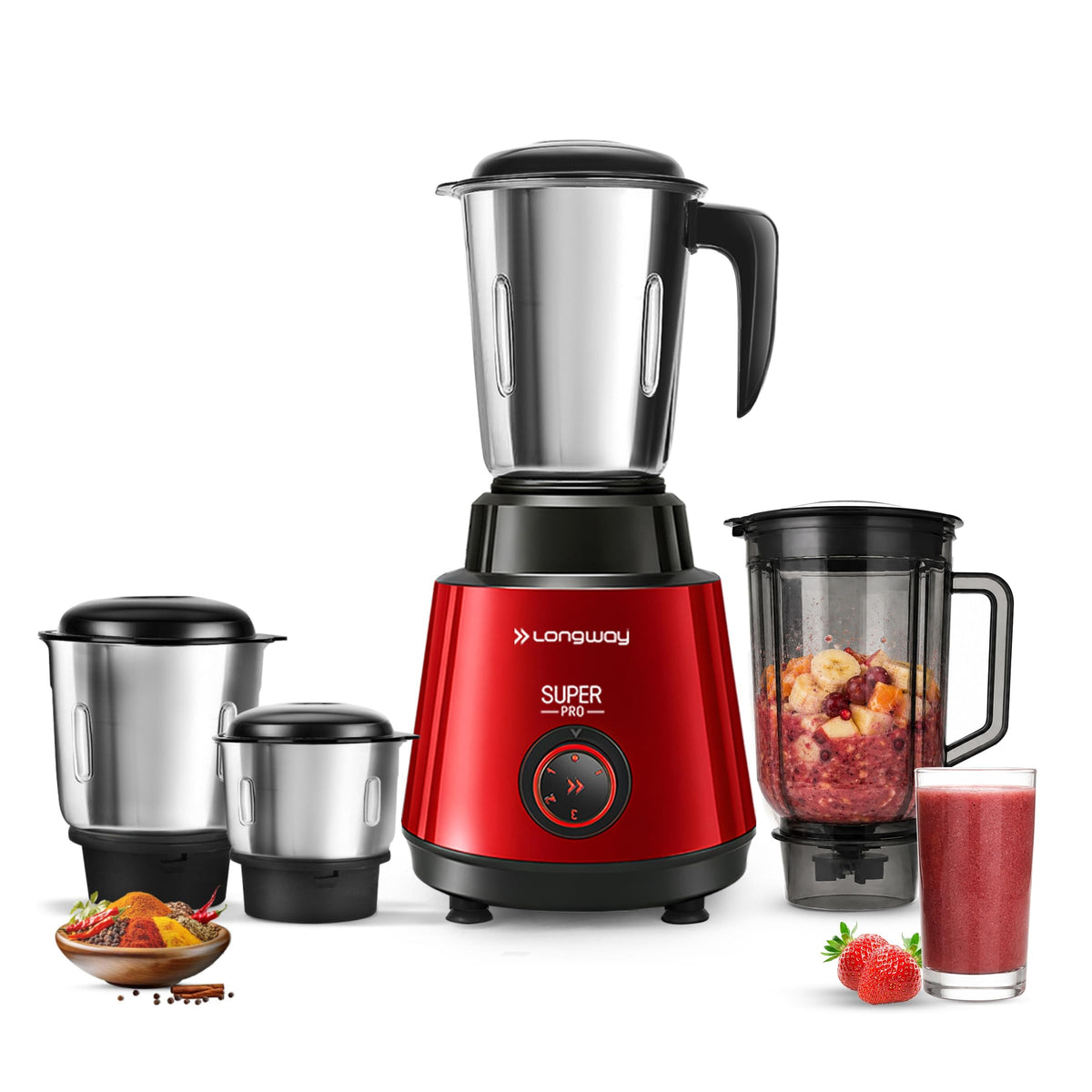 Longway Super Pro Juicer Mixer Grinder | Up to 750W Max Output Powerful Motor | 4 Jars for Grinding, Mixing, Juicing | 2 Years Warranty (Blue & Black)