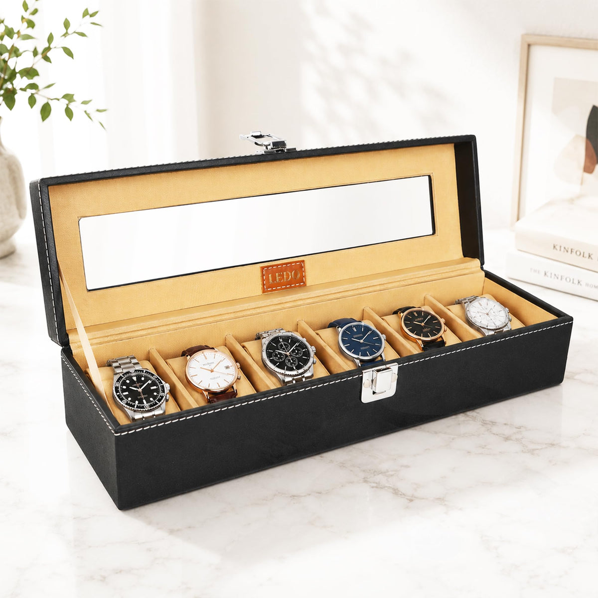LEDO Men's and Women's Watch Box Holder Organizer Case In 12 Slots of watches In PU Leather with Black & Gray
