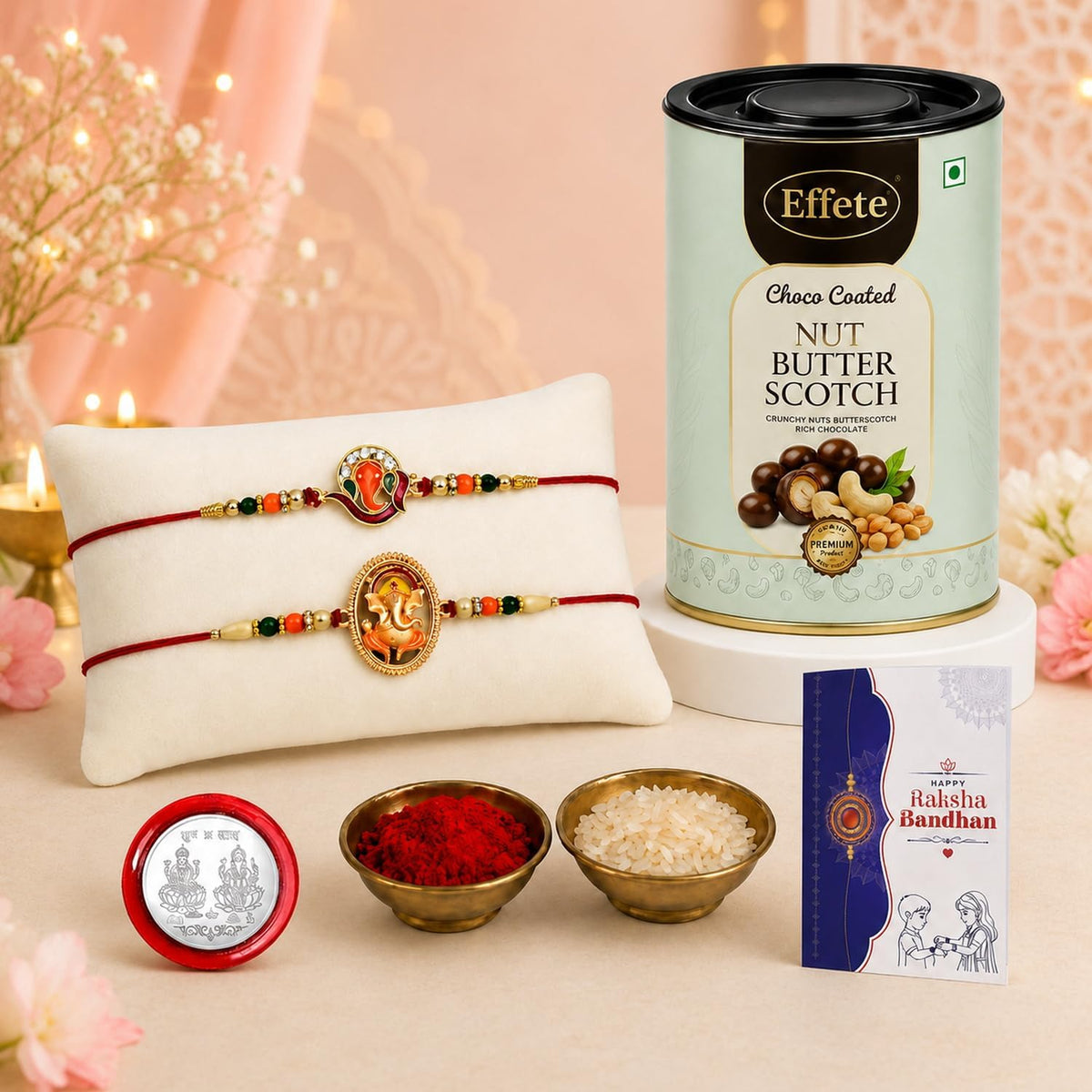 DeoDap Designer Murli Flute Rakhi for Brother with Choco Coated Nut Butterscotch Chocolate 96gm, Pooja Coin, Roli Chawal & Card | Rakhi with Chocolate Combo for Raksha Bandhan