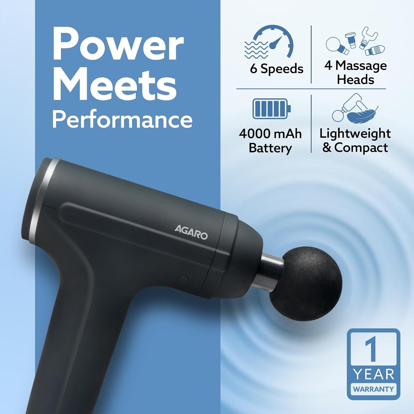 AGARO Galaxy Massager Machine, Handheld Deep Tissue Massage Gun, 4 Heads, 6 Speed, Rechargeable Percussion Massager for Muscle Relief & Relaxation, for Neck, Shoulder, Back, Foot & Full Body, Black
