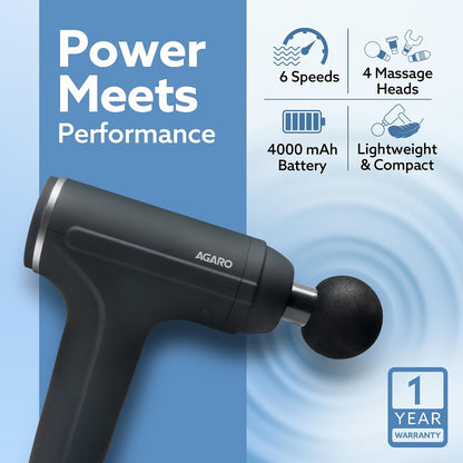 AGARO Galaxy Massager Machine, Handheld Deep Tissue Massage Gun, 4 Heads, 6 Speed, Rechargeable Percussion Massager for Muscle Relief & Relaxation, for Neck, Shoulder, Back, Foot & Full Body, Black