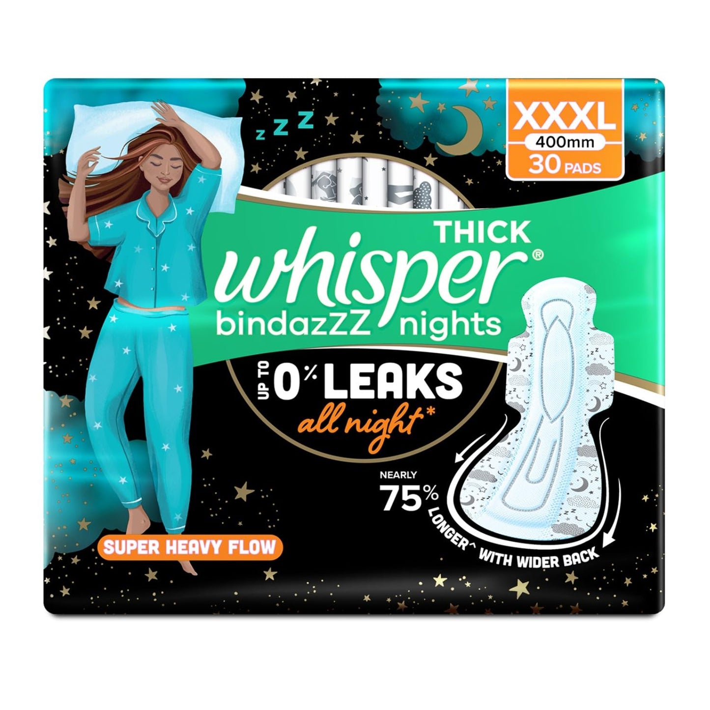 Whisper bindazzz Nights Pads For Women, XXX-Large Pack of 20 pads Scent: unscented