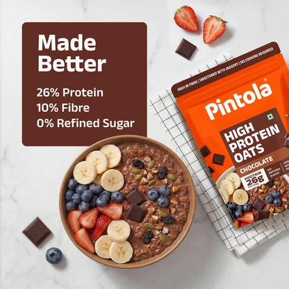 Pintola 26g High Protein Dark Chocolate Oats 1kg, No Refined Sugar, with Almonds, Raisins, Pumpkin & Chia Seeds, 9.6g Fibre, Rolled Oats for Weight management, Breakfast Cereals
