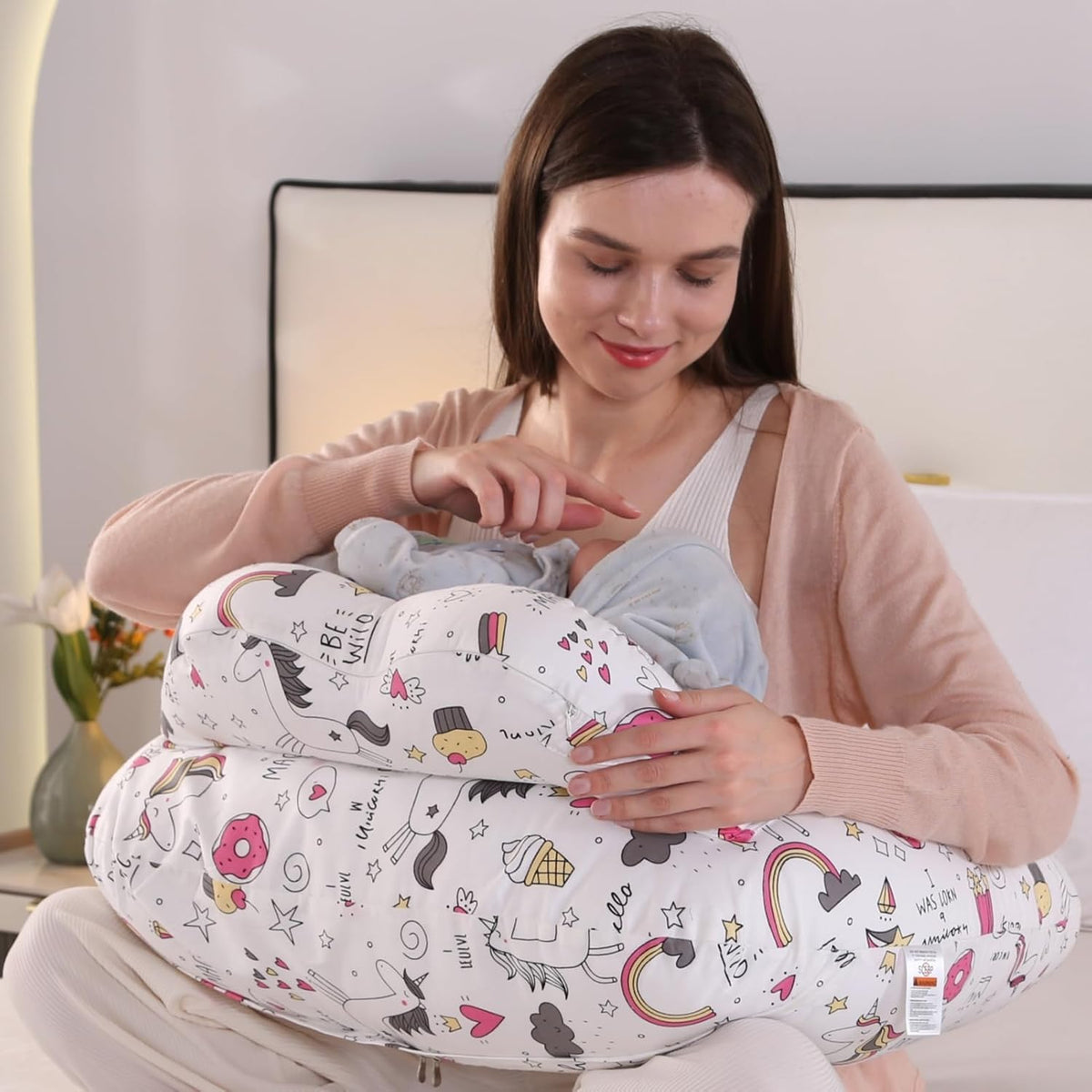 Proliva Feeding Pillow for New Born Baby with Detachable Cover Breast Feeding & Maternity Nursing Pillow for Breastfeeding Support for Baby Feeding Pillow for Mom (Off White-Camel-B2)