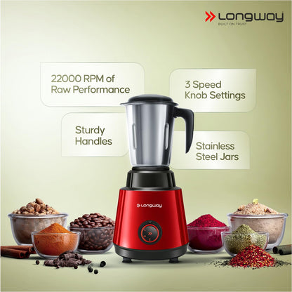 Longway Super Pro Juicer Mixer Grinder | Up to 750W Max Output Powerful Motor | 4 Jars for Grinding, Mixing, Juicing | 2 Years Warranty (Blue & Black)