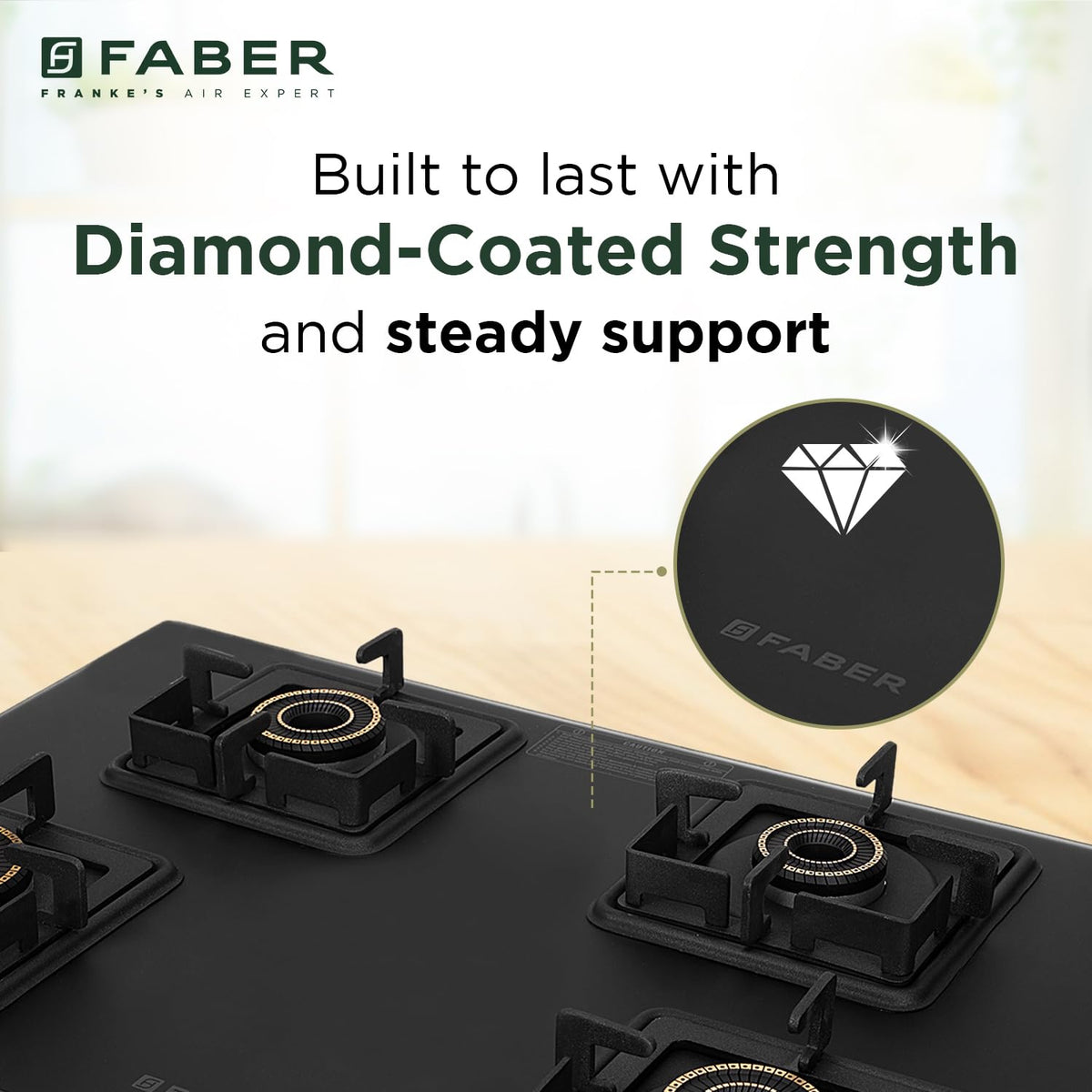 Faber Blossom Black Matt Glass Finish Cooktop| 4 Brass Burners-1Jumbo, 2Medium & 1Small |Manual Ignition | Heavy Pan Support With ABS Knobs | 5Yr Warranty on Glass & Burners by Faber| Blossom4BB BK CI