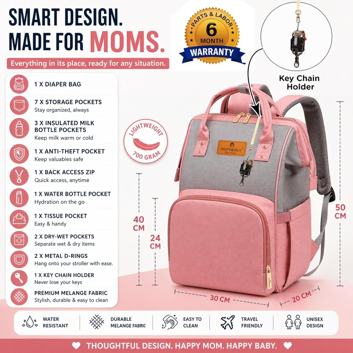 Motherly Patented Diaper Bag For Mothers For Travel, Crown Series, Pink | Backpack for Mothers | Waterproof Baby Travel & Maternity Bag | Multiple Compartments, Insulated Bottle Pockets, Warranty