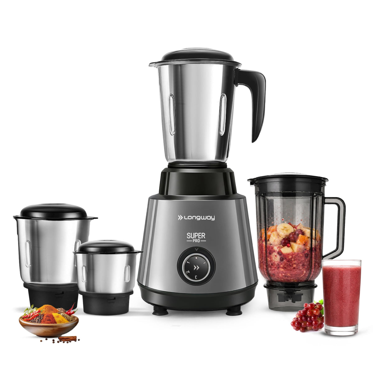 Longway Super Pro Juicer Mixer Grinder | Up to 750W Max Output Powerful Motor | 4 Jars for Grinding, Mixing, Juicing | 2 Years Warranty (Blue & Black)
