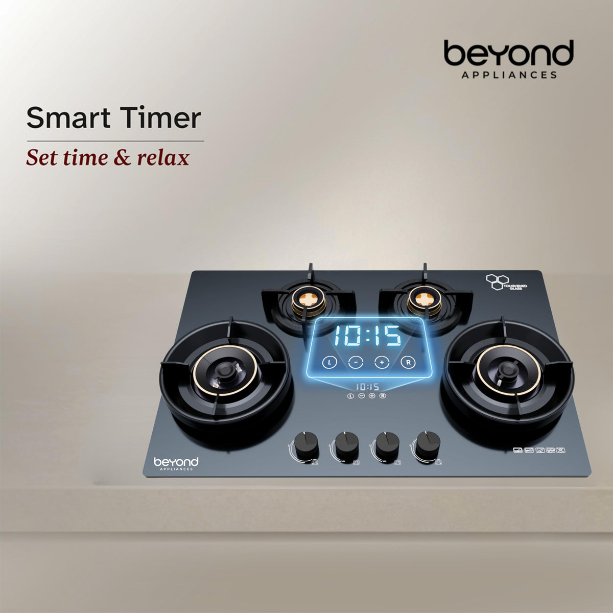 Beyond Appliances Altair 4 Burner Smart Glass Hobtop Gas Stove | Auto Ignition | Digital Timer | Flame Failure Device | Jumbo Burner | Toughened Glass | LPG & PNG Compatible