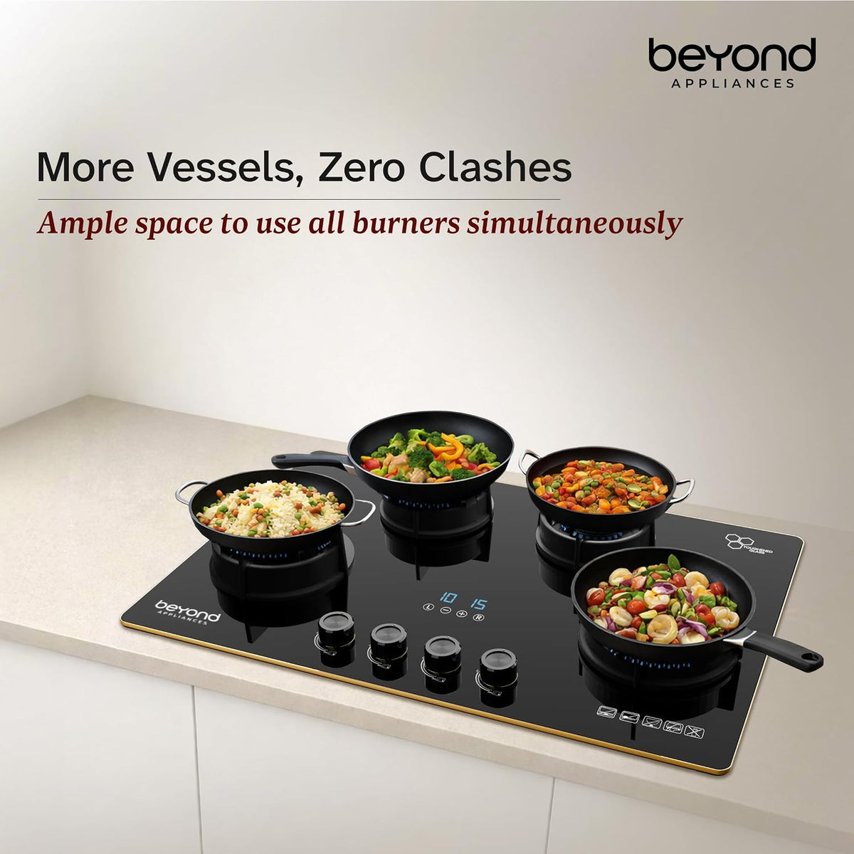 Beyond Appliances Altair 4 Burner Smart Glass Hobtop Gas Stove | Auto Ignition | Digital Timer | Flame Failure Device | Jumbo Burner | Toughened Glass | LPG & PNG Compatible