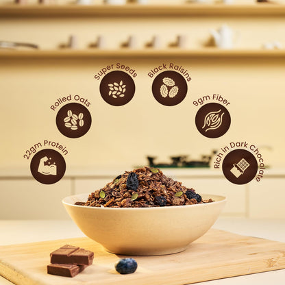 Pintola 26g High Protein Dark Chocolate Oats 1kg, No Refined Sugar, with Almonds, Raisins, Pumpkin & Chia Seeds, 9.6g Fibre, Rolled Oats for Weight management, Breakfast Cereals
