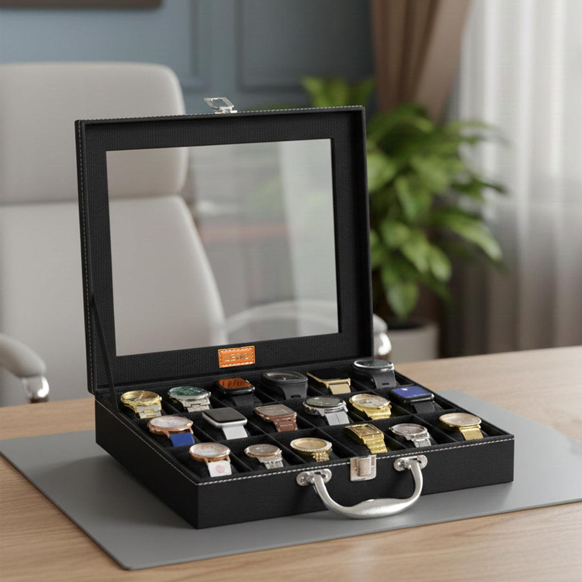 LEDO Men's and Women's Watch Box Holder Organizer Case In 12 Slots of watches In PU Leather with Black & Gray