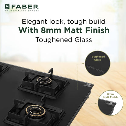 Faber Blossom Black Matt Glass Finish Cooktop| 4 Brass Burners-1Jumbo, 2Medium & 1Small |Manual Ignition | Heavy Pan Support With ABS Knobs | 5Yr Warranty on Glass & Burners by Faber| Blossom4BB BK CI