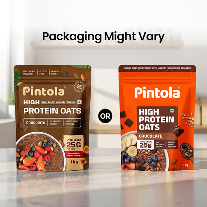 Pintola 26g High Protein Dark Chocolate Oats 1kg, No Refined Sugar, with Almonds, Raisins, Pumpkin & Chia Seeds, 9.6g Fibre, Rolled Oats for Weight management, Breakfast Cereals