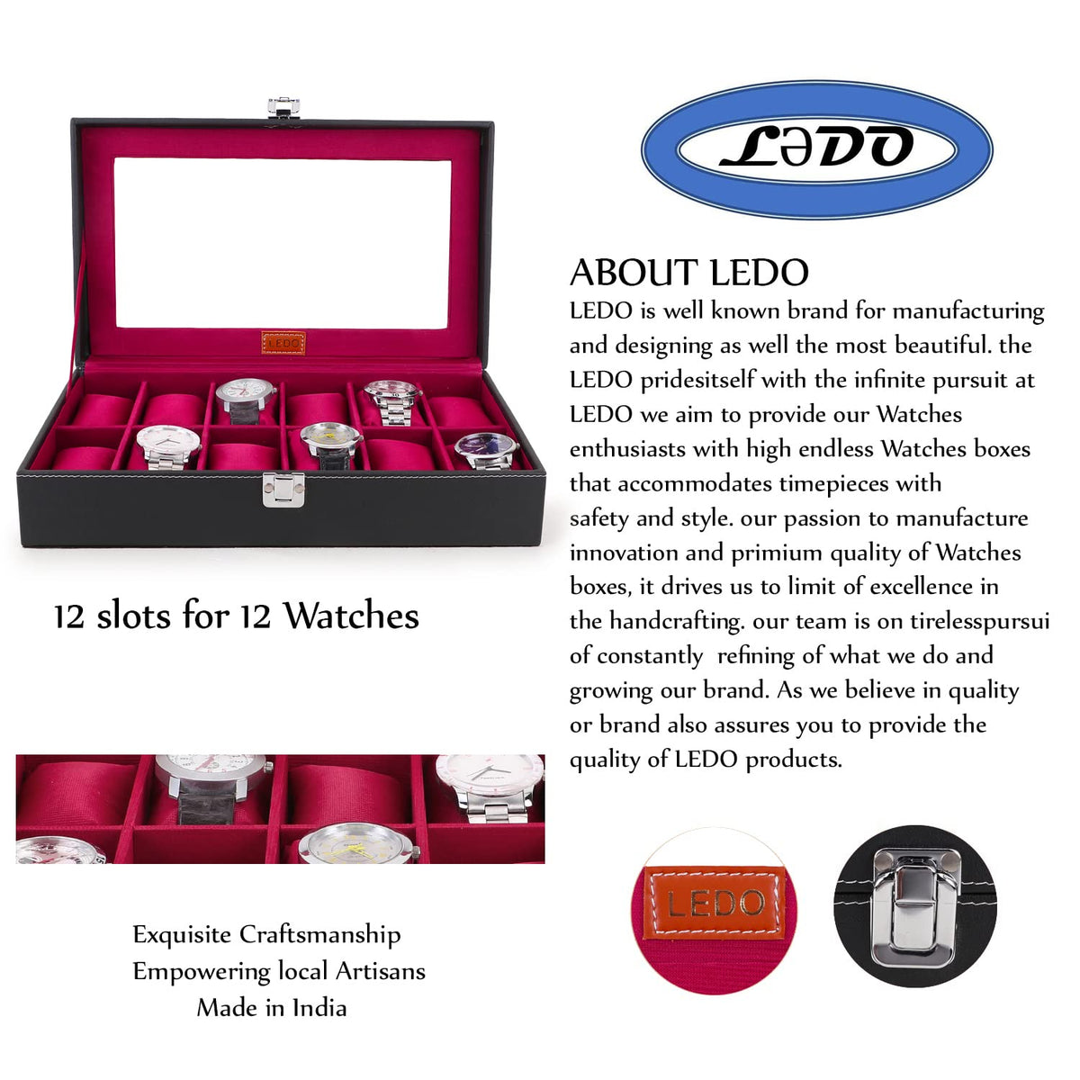 LEDO Men's and Women's Watch Box Holder Organizer Case In 12 Slots of watches In PU Leather with Black & Gray