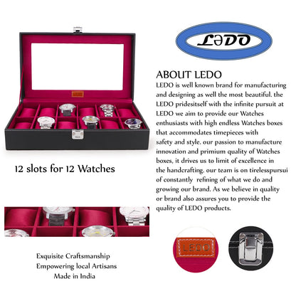 LEDO Men's and Women's Watch Box Holder Organizer Case In 12 Slots of watches In PU Leather with Black & Gray