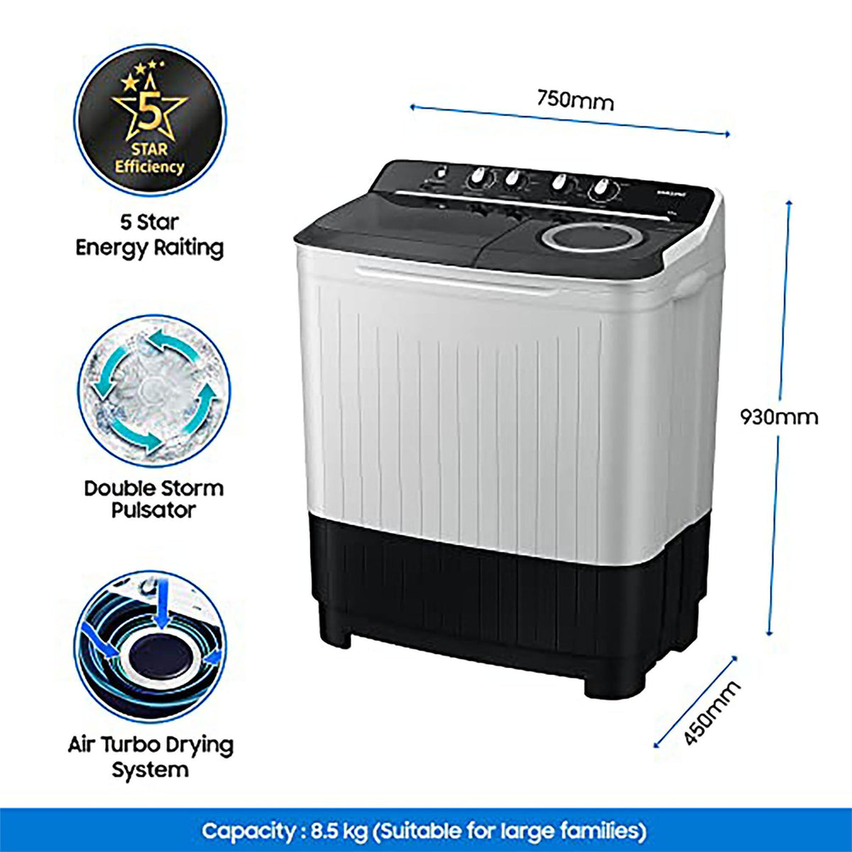 Samsung 10.5 kg, 5 star, Semi-Automatic Top Load Washing Machine (WT10C4260GG/TL, Air Turbo Drying, Light Gray,)