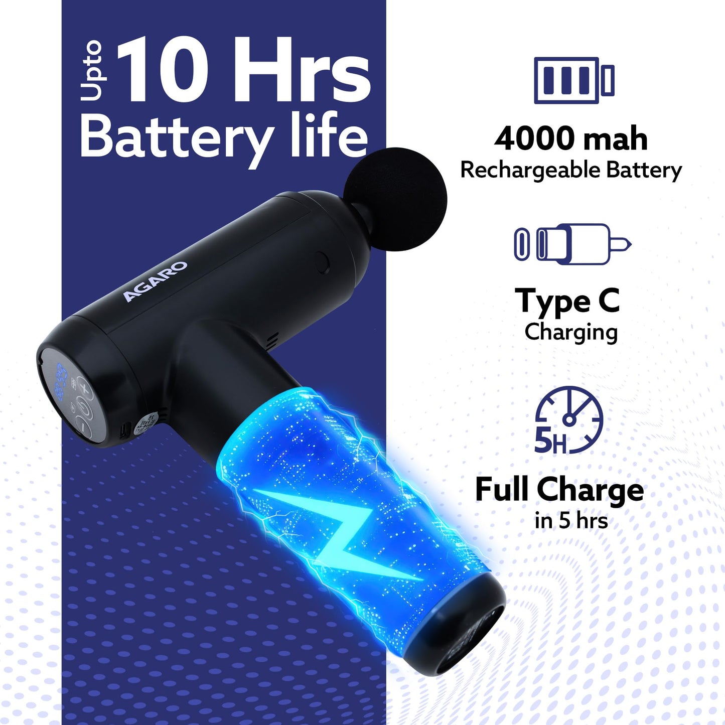 AGARO Galaxy Massager Machine, Handheld Deep Tissue Massage Gun, 4 Heads, 6 Speed, Rechargeable Percussion Massager for Muscle Relief & Relaxation, for Neck, Shoulder, Back, Foot & Full Body, Black