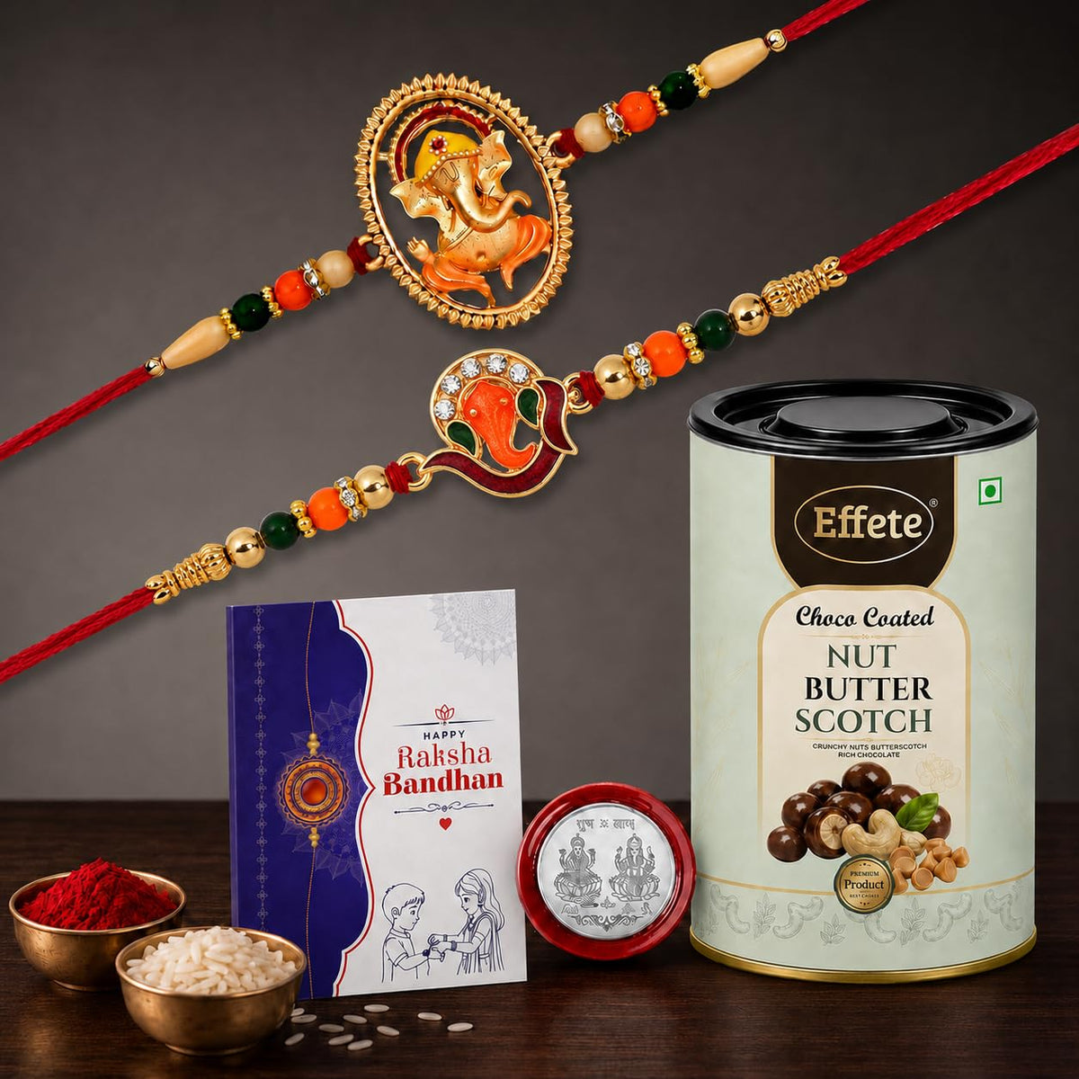DeoDap Designer Murli Flute Rakhi for Brother with Choco Coated Nut Butterscotch Chocolate 96gm, Pooja Coin, Roli Chawal & Card | Rakhi with Chocolate Combo for Raksha Bandhan