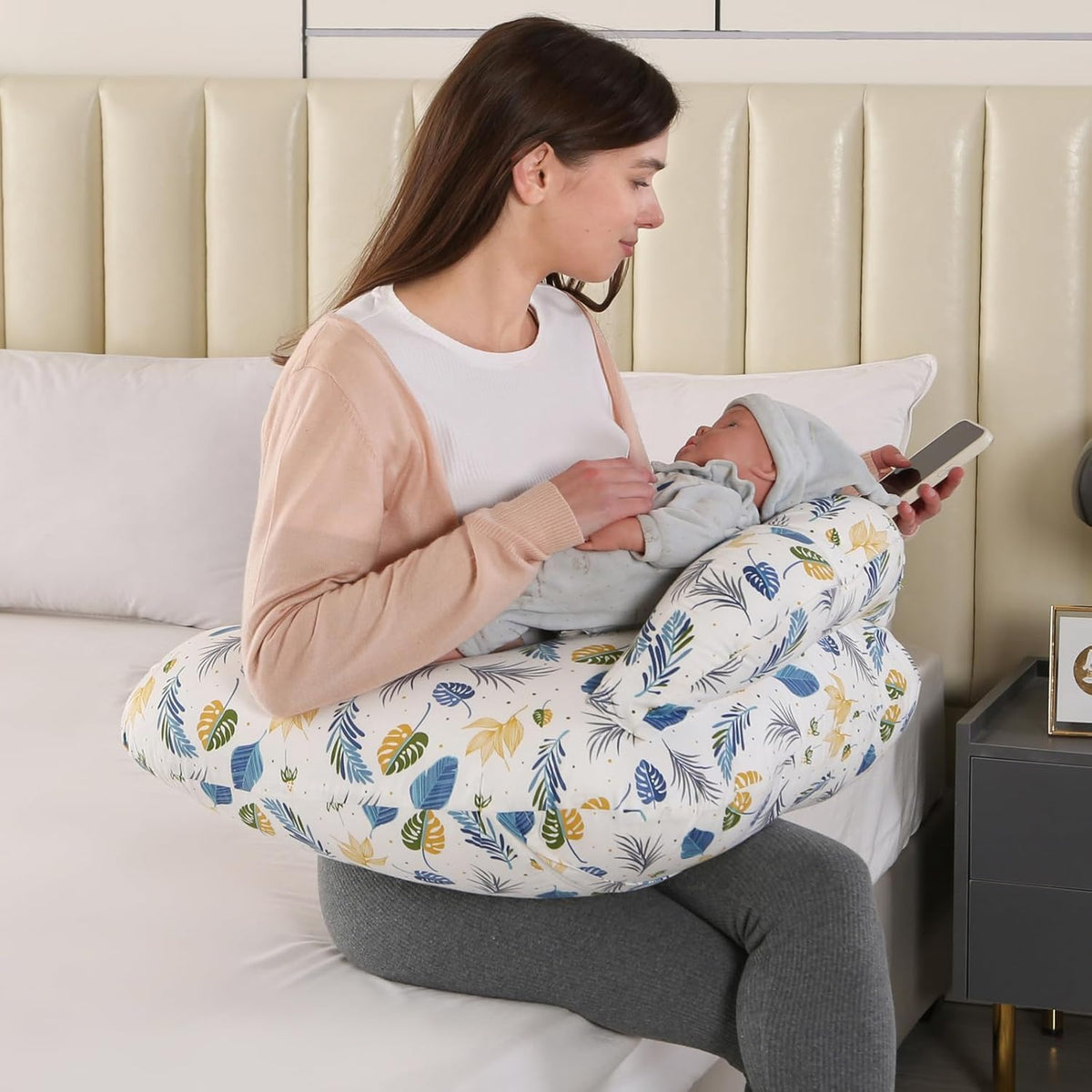 Proliva Feeding Pillow for New Born Baby with Detachable Cover Breast Feeding & Maternity Nursing Pillow for Breastfeeding Support for Baby Feeding Pillow for Mom (Off White-Camel-B2)