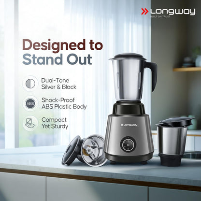 Longway Super Pro Juicer Mixer Grinder | Up to 750W Max Output Powerful Motor | 4 Jars for Grinding, Mixing, Juicing | 2 Years Warranty (Blue & Black)