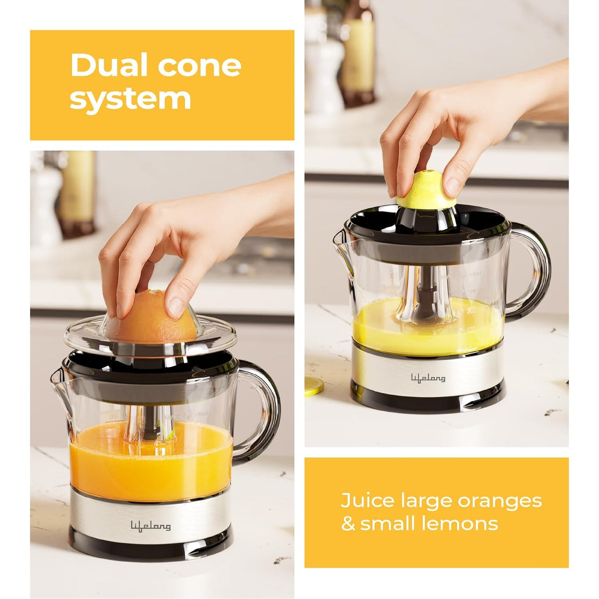 Lifelong Electric Citrus Juicer | Dual Cones & 700 ML Capacity | Electric Juicer Machine for All Fruits | Powerful 40W Motor for Low Noise | Fast Juicing at Home | Compact & Stylish for Daily Use