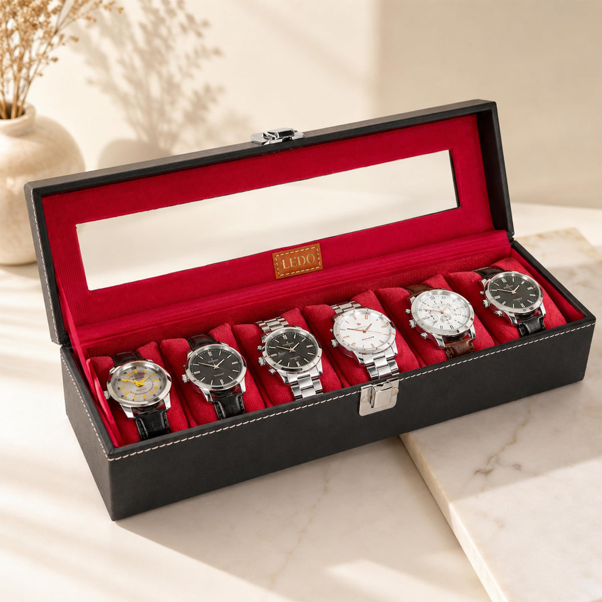 LEDO Men's and Women's Watch Box Holder Organizer Case In 12 Slots of watches In PU Leather with Black & Gray