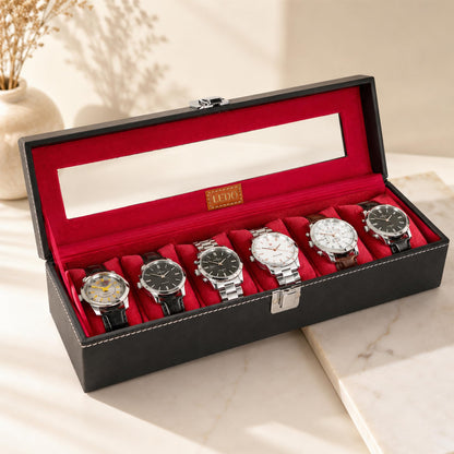LEDO Men's and Women's Watch Box Holder Organizer Case In 12 Slots of watches In PU Leather with Black & Gray
