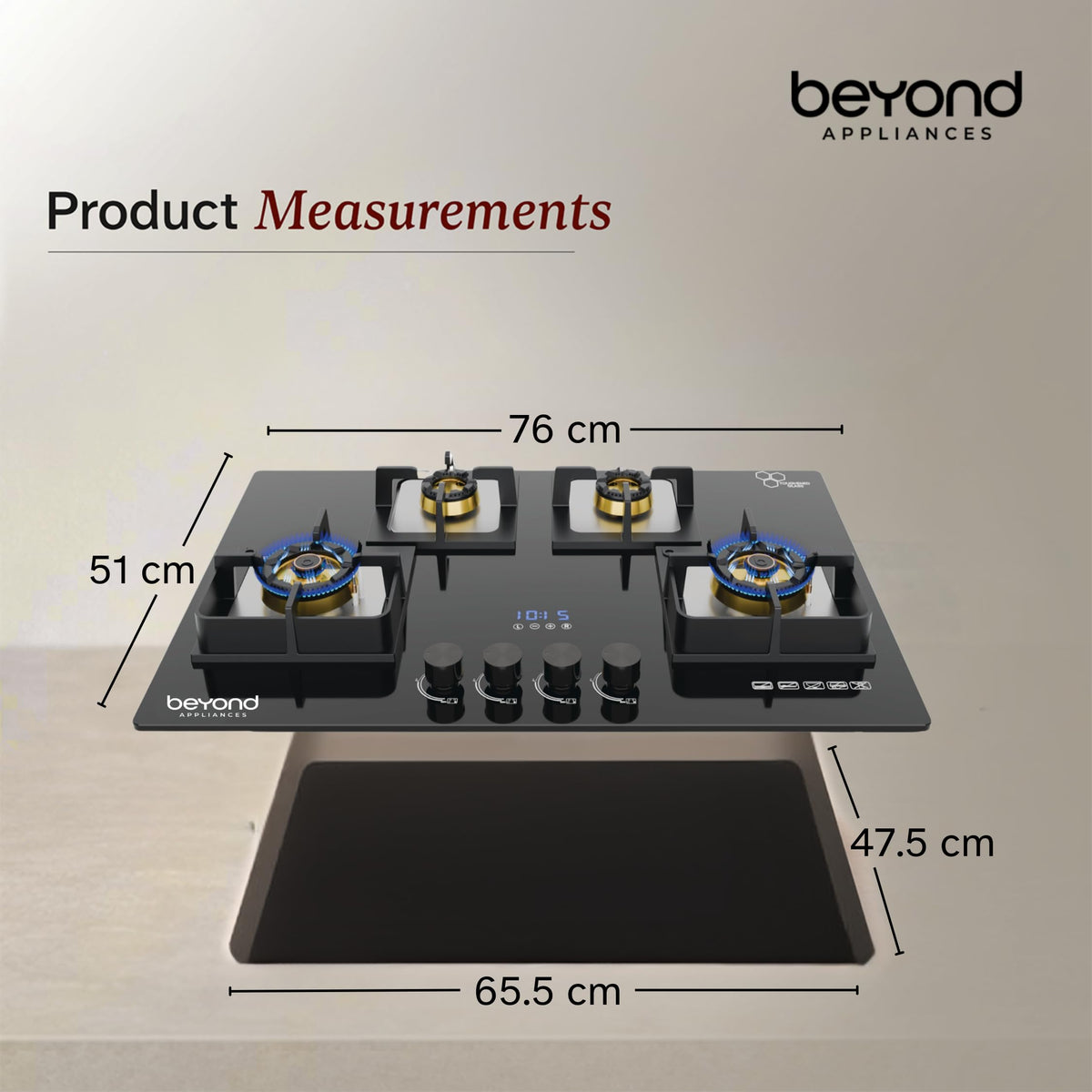 Beyond Appliances Altair 4 Burner Smart Glass Hobtop Gas Stove | Auto Ignition | Digital Timer | Flame Failure Device | Jumbo Burner | Toughened Glass | LPG & PNG Compatible