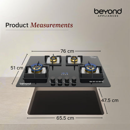 Beyond Appliances Altair 4 Burner Smart Glass Hobtop Gas Stove | Auto Ignition | Digital Timer | Flame Failure Device | Jumbo Burner | Toughened Glass | LPG & PNG Compatible