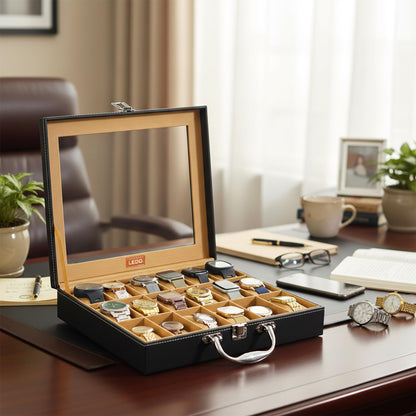 LEDO Men's and Women's Watch Box Holder Organizer Case In 12 Slots of watches In PU Leather with Black & Gray