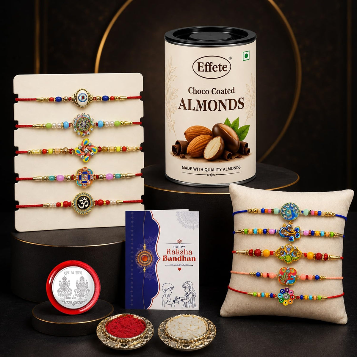 DeoDap Designer Murli Flute Rakhi for Brother with Choco Coated Nut Butterscotch Chocolate 96gm, Pooja Coin, Roli Chawal & Card | Rakhi with Chocolate Combo for Raksha Bandhan