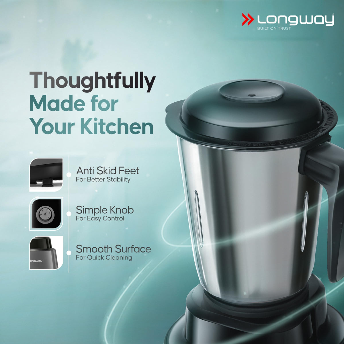 Longway Super Pro Juicer Mixer Grinder | Up to 750W Max Output Powerful Motor | 4 Jars for Grinding, Mixing, Juicing | 2 Years Warranty (Blue & Black)