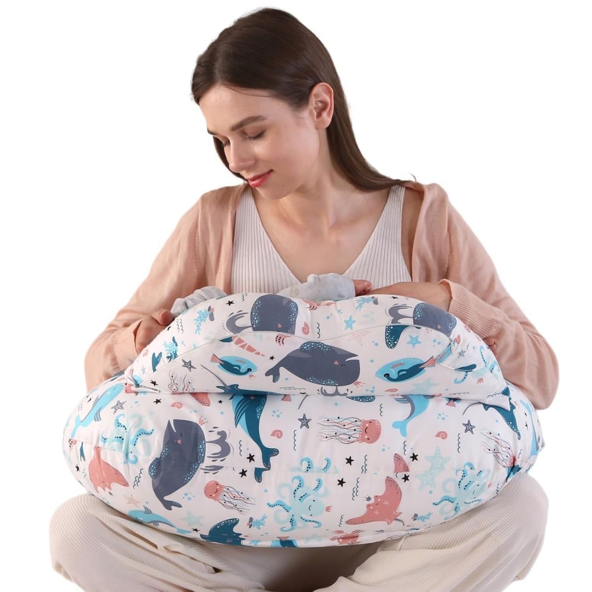Proliva Feeding Pillow for New Born Baby with Detachable Cover Breast Feeding & Maternity Nursing Pillow for Breastfeeding Support for Baby Feeding Pillow for Mom (Off White-Camel-B2)