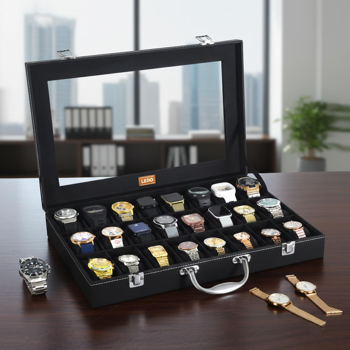 LEDO Men's and Women's Watch Box Holder Organizer Case In 12 Slots of watches In PU Leather with Black & Gray