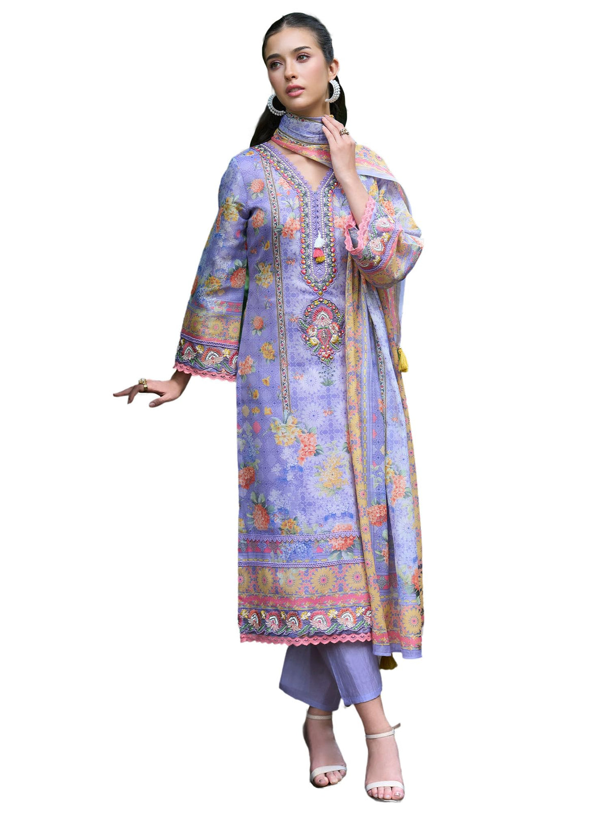 INDO ERA Women's Straight Linen Floral Printed Kurta & Pant with Dupatta Set | Kurta Sets For Woman