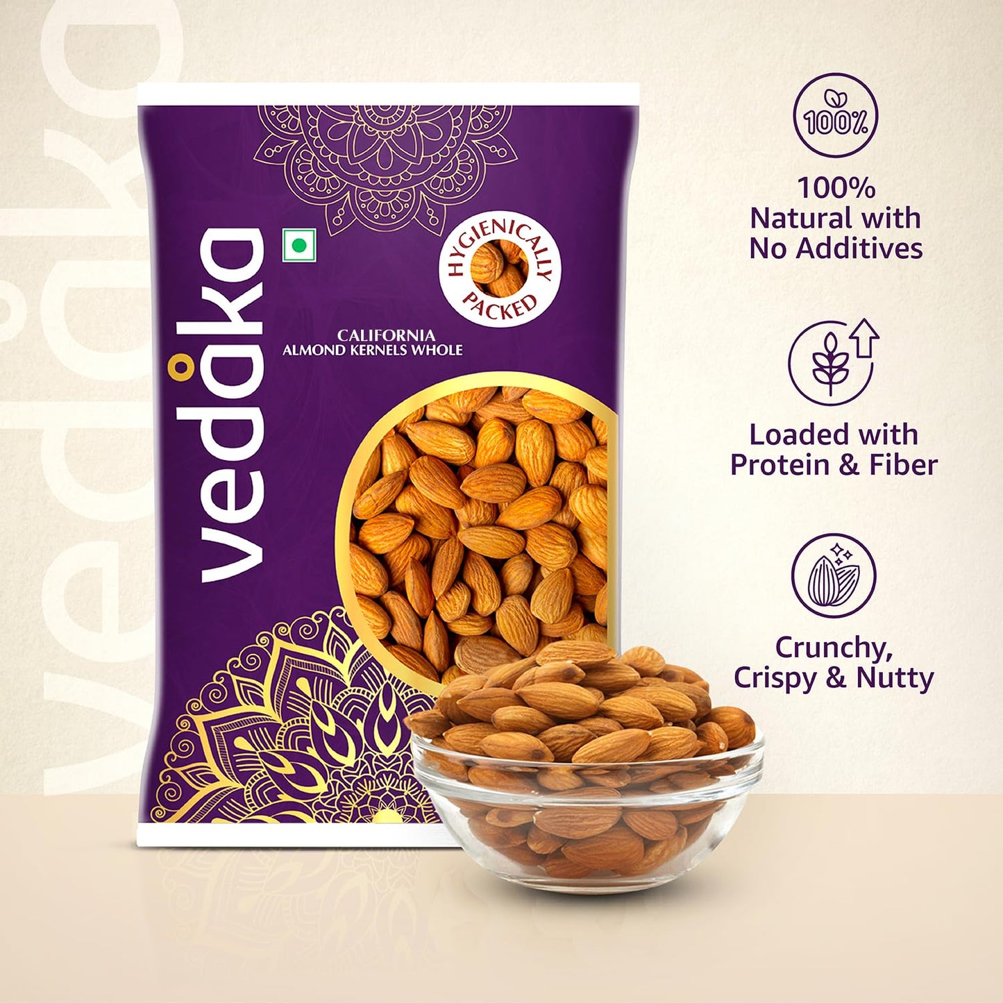 Amazon Brand - Vedaka Almonds | 1 Kg | California Almonds | 100% Natural Badam Giri | Rich In Protein & Dietary Fiber | Crunchy Texture & Delicious Nutty Flavour | No Added Preservatives