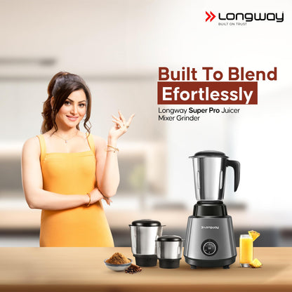 Longway Super Pro Juicer Mixer Grinder | Up to 750W Max Output Powerful Motor | 4 Jars for Grinding, Mixing, Juicing | 2 Years Warranty (Blue & Black)