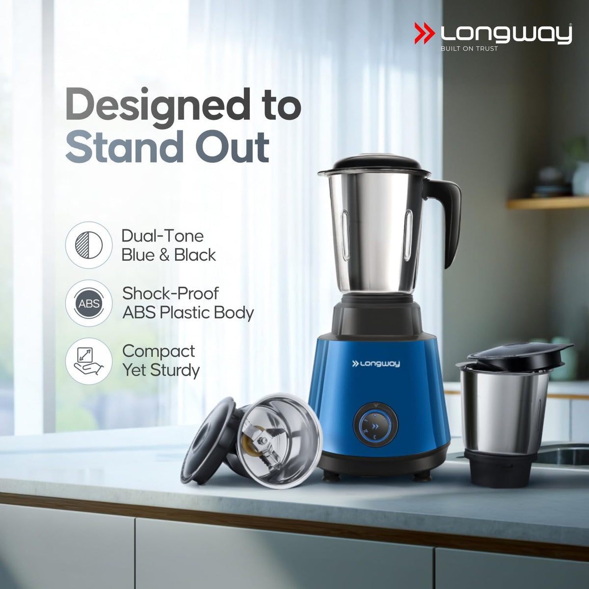 Longway Super Pro Juicer Mixer Grinder | Up to 750W Max Output Powerful Motor | 4 Jars for Grinding, Mixing, Juicing | 2 Years Warranty (Blue & Black)