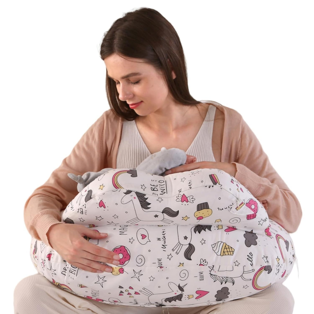 Proliva Feeding Pillow for New Born Baby with Detachable Cover Breast Feeding & Maternity Nursing Pillow for Breastfeeding Support for Baby Feeding Pillow for Mom (Off White-Camel-B2)