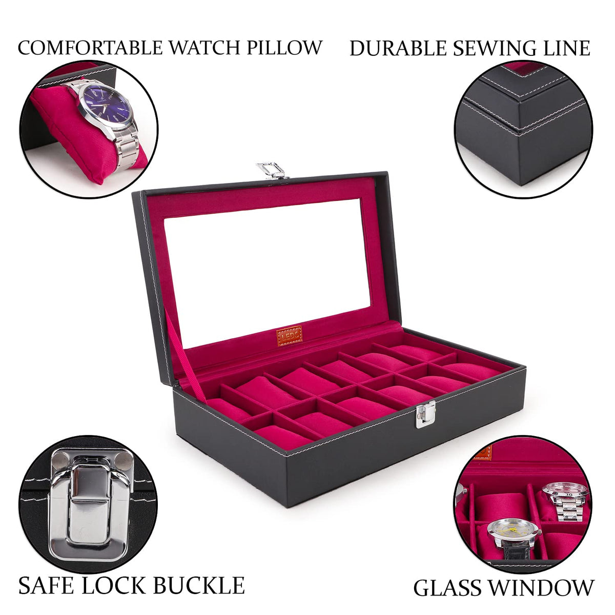 LEDO Men's and Women's Watch Box Holder Organizer Case In 12 Slots of watches In PU Leather with Black & Gray