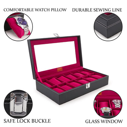 LEDO Men's and Women's Watch Box Holder Organizer Case In 12 Slots of watches In PU Leather with Black & Gray