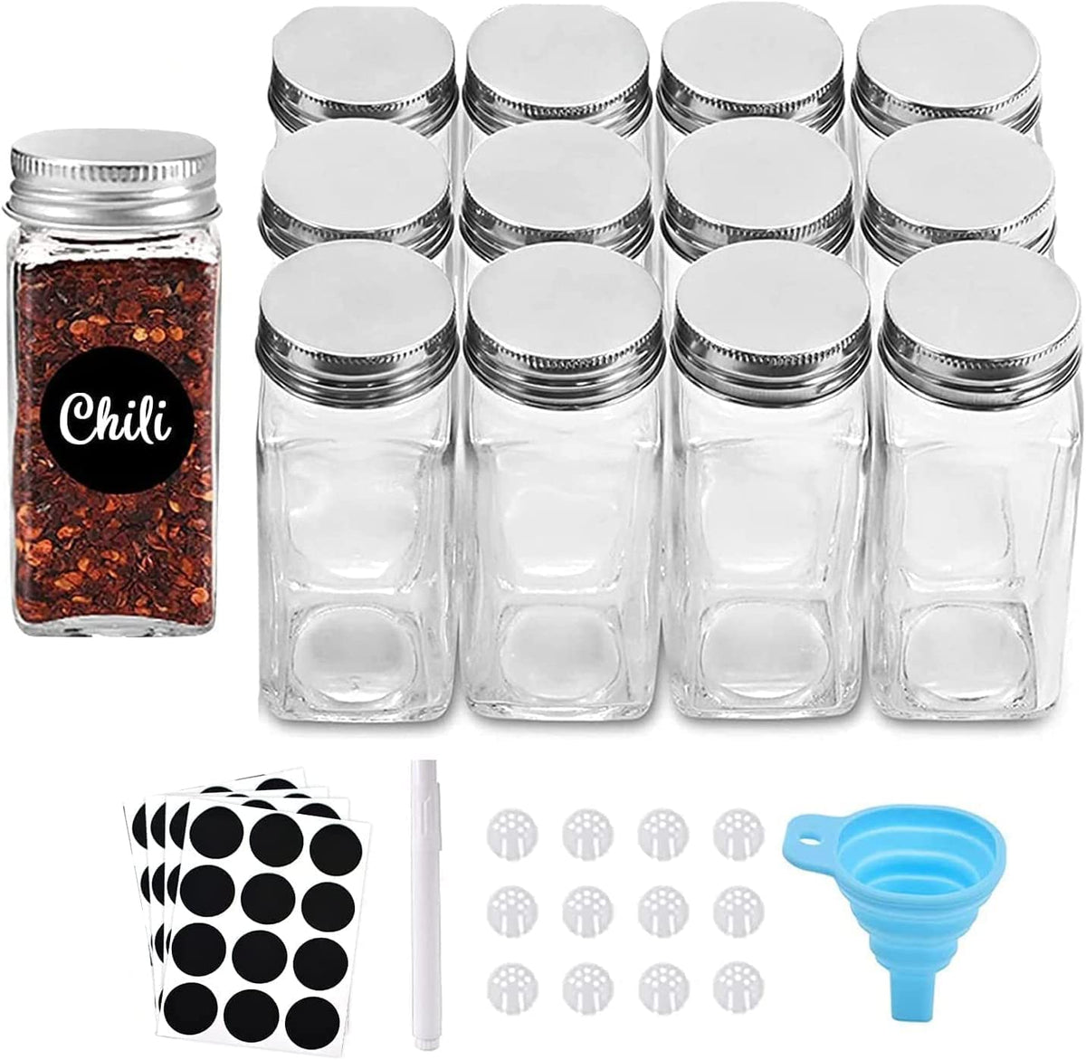 KITOME Empty Glass Spice Jars, 120ml Square Airtight Seasoning Bottles Set of 12 with Shaker Lids, Metal Caps, 24 Labels, Chalk Marker, Silicone Funnel & Brush – BPA Free Masala Dabba, Kitchen Storage