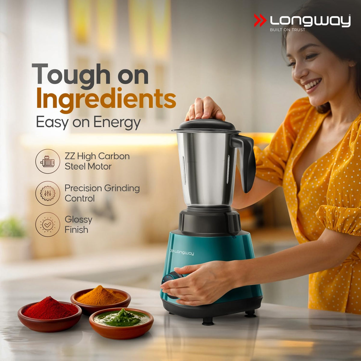 Longway Super Pro Juicer Mixer Grinder | Up to 750W Max Output Powerful Motor | 4 Jars for Grinding, Mixing, Juicing | 2 Years Warranty (Blue & Black)