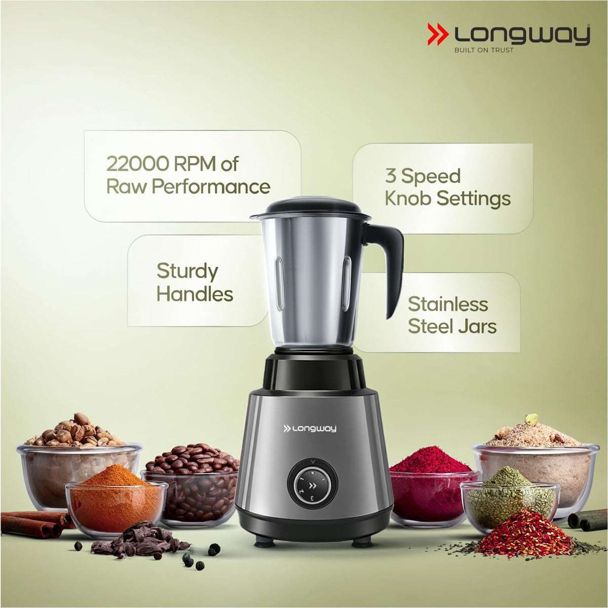 Longway Super Pro Juicer Mixer Grinder | Up to 750W Max Output Powerful Motor | 4 Jars for Grinding, Mixing, Juicing | 2 Years Warranty (Blue & Black)