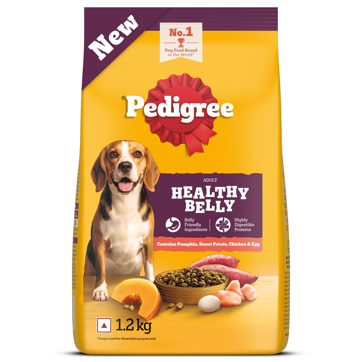 Pedigree Adult Dry Dog Food, New Healthy Belly, 3 kg, Belly Friendly Ingredients, Highly Digestible Proteins, Contains Pumpkin, Sweet Potato, Chicken & Egg, with Prebiotics