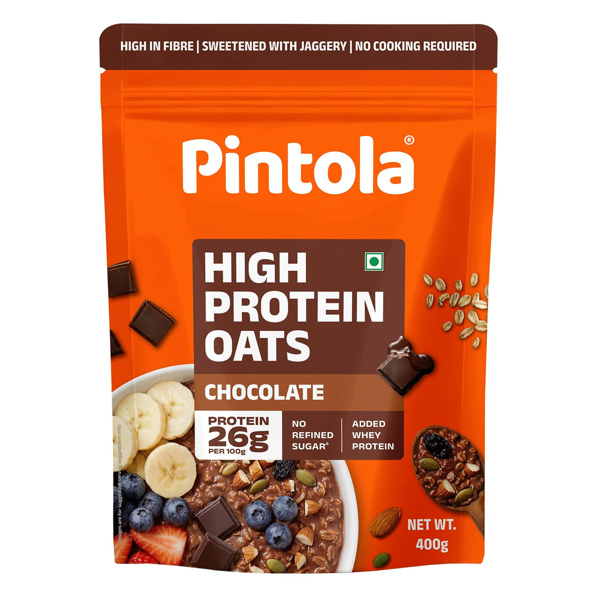 Pintola 26g High Protein Dark Chocolate Oats 1kg, No Refined Sugar, with Almonds, Raisins, Pumpkin & Chia Seeds, 9.6g Fibre, Rolled Oats for Weight management, Breakfast Cereals