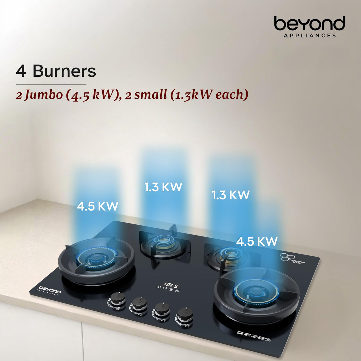 Beyond Appliances Altair 4 Burner Smart Glass Hobtop Gas Stove | Auto Ignition | Digital Timer | Flame Failure Device | Jumbo Burner | Toughened Glass | LPG & PNG Compatible