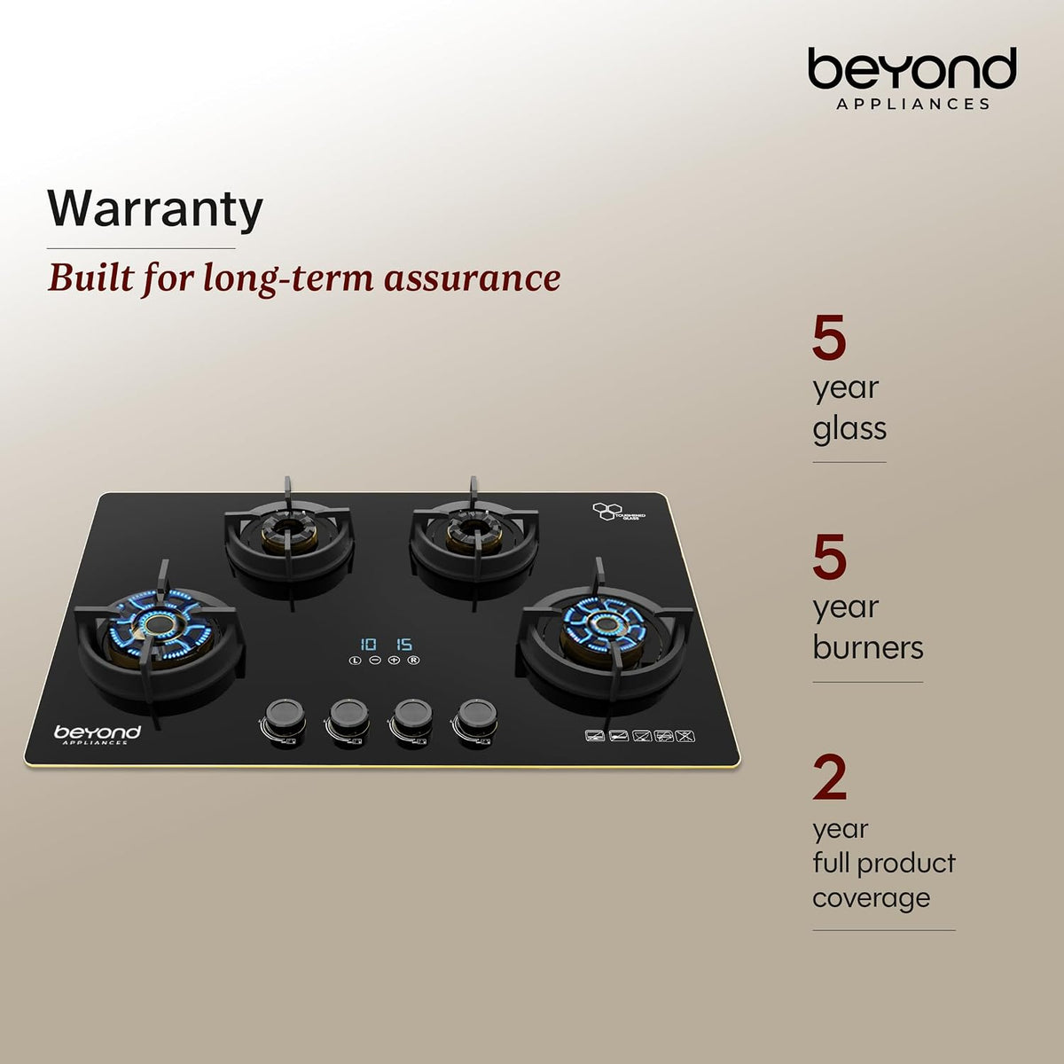 Beyond Appliances Altair 4 Burner Smart Glass Hobtop Gas Stove | Auto Ignition | Digital Timer | Flame Failure Device | Jumbo Burner | Toughened Glass | LPG & PNG Compatible